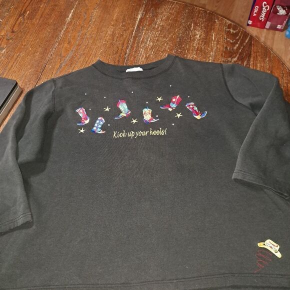 2X The Quacker Factory Kick Up Your Heels Long Sleeve Black Sweatshirt Western - Picture 7 of 7